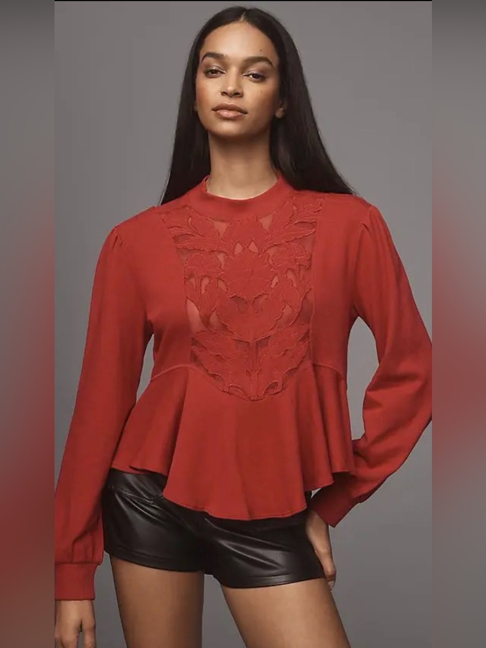 Anthropologie Rust Red Floral Embroidered Lace Peplum Top M